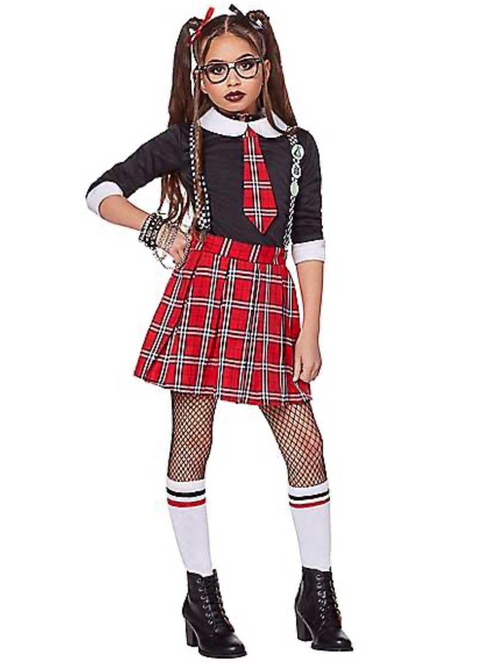 Spirit Misfit Nerd costume Kids Red Plaid dress glasses suspenders L 12-14